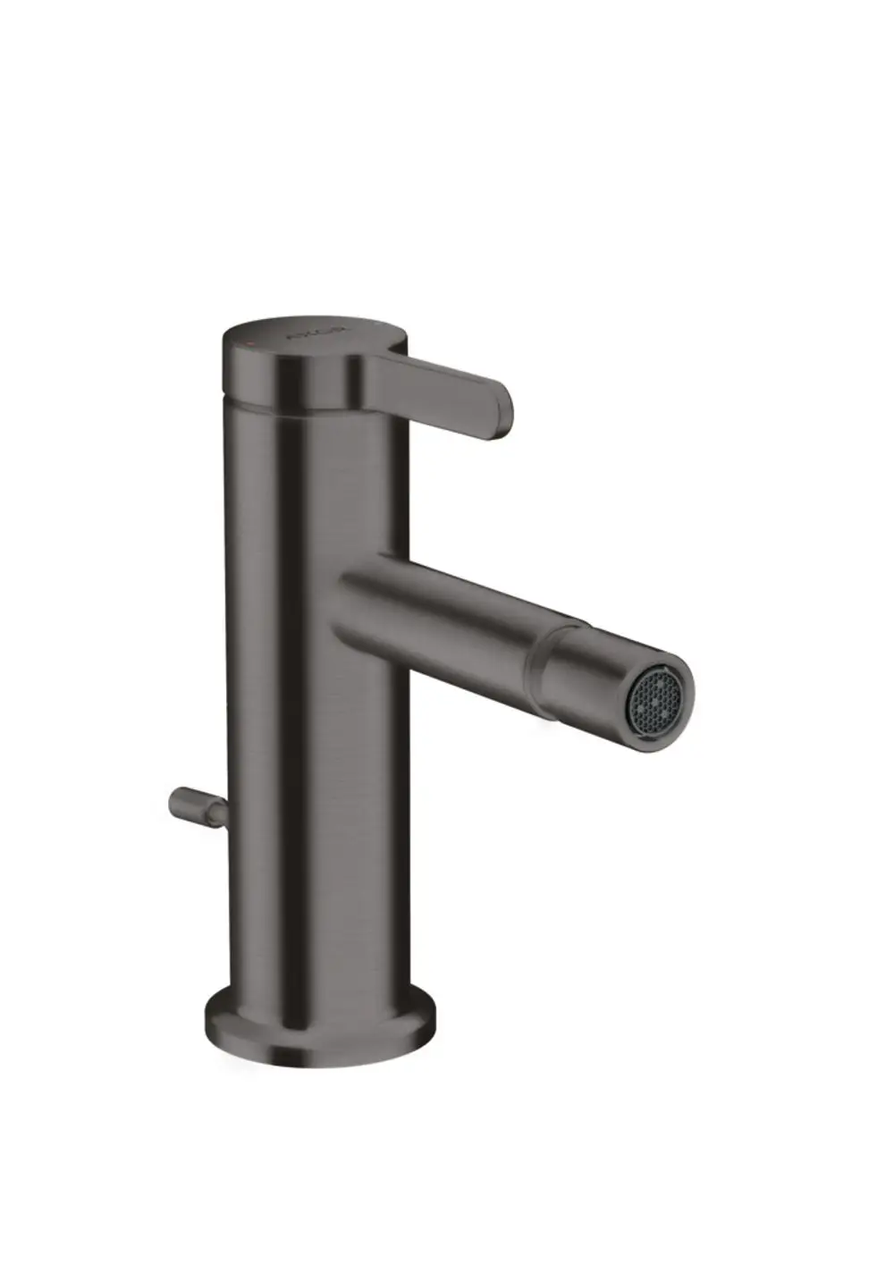 Bidetmischer von AXOR in brushed black chrome, mit einem hebelbetriebenen Auslauf und Zugstangen-Ablaufgarnitur. 